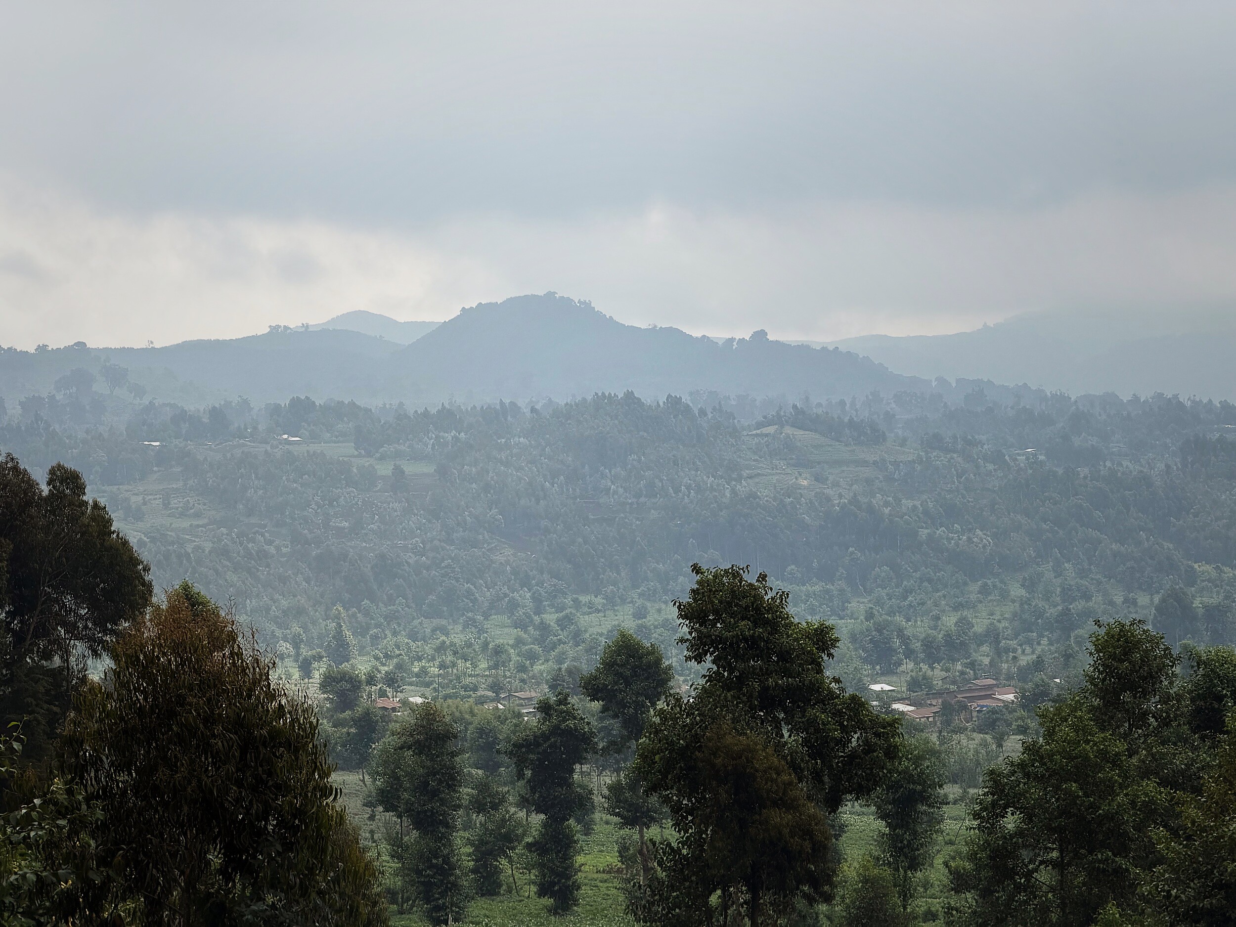 The Virunga volcanoes above the terraced hills of Rwanda